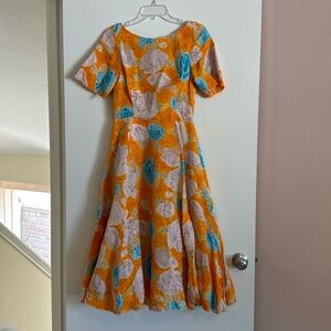 Tracy Reese floral garden dress midi length tulle underskirt orange silk sleeve